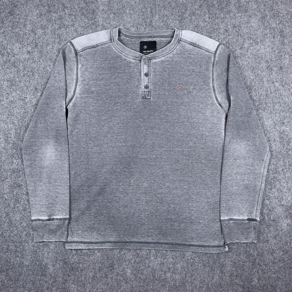 Holton Mfg Henley Shirt Mens Large Gray Acid Wash Waffle Knit Thermal Sleeve